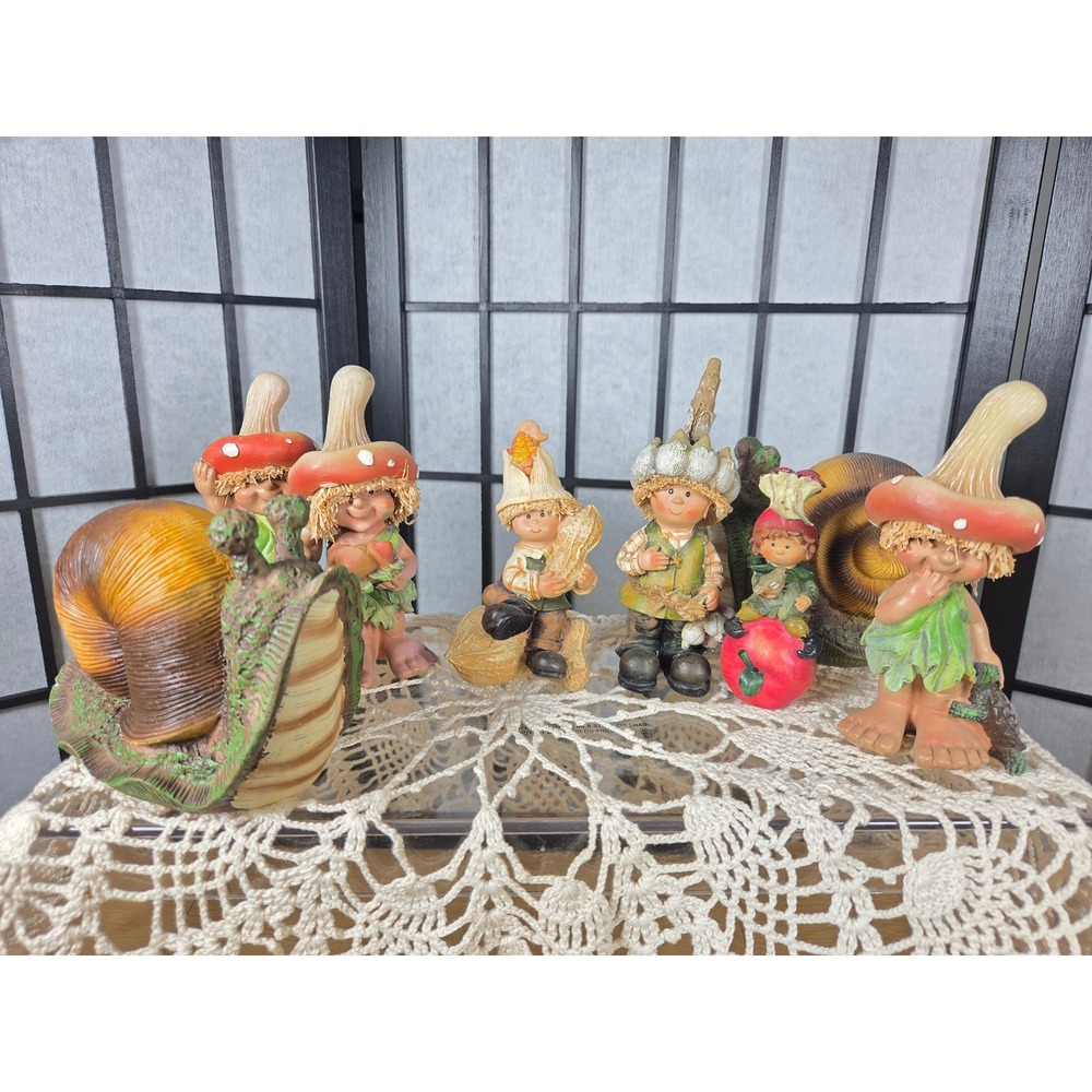 Woodland fairy goblin Mushroom Gnome and Snail Whimsical Garden Figurine Set 7pc